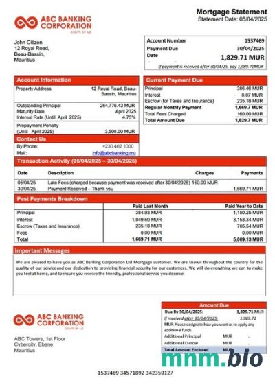 Mauritius ABC Banking Corporation Ltd wyciąg z kredytu hipotecznego szablon Word i PDF